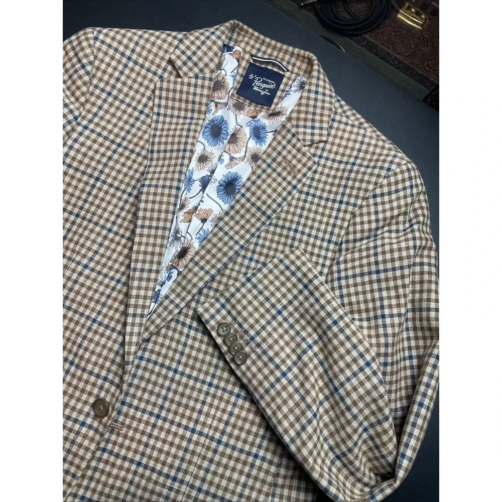Original men's S 38S Penguin Blue and Brown Plaid Blazer Cotton Poly Blend